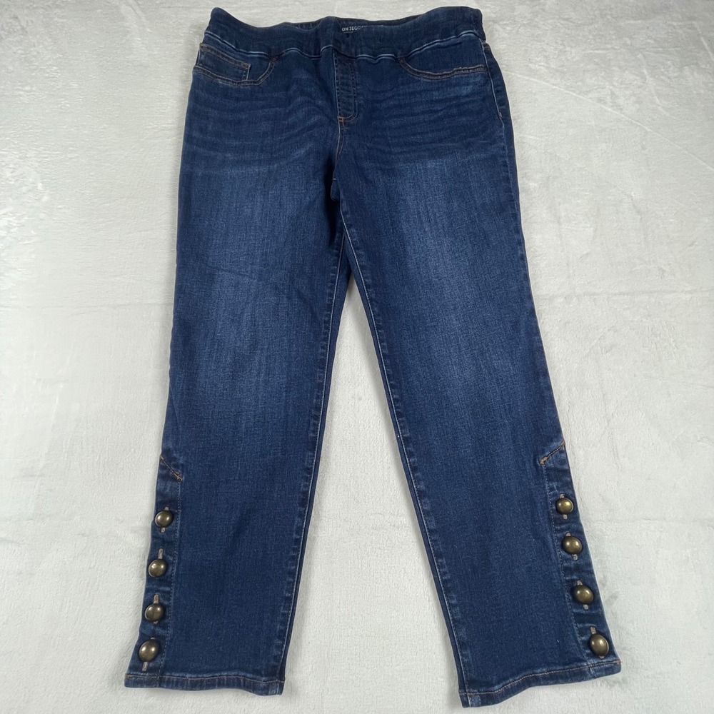 Chicos Pull On Jegging Ankle Jeans Dark Wash Blue Button Hem 12P 2P Womens